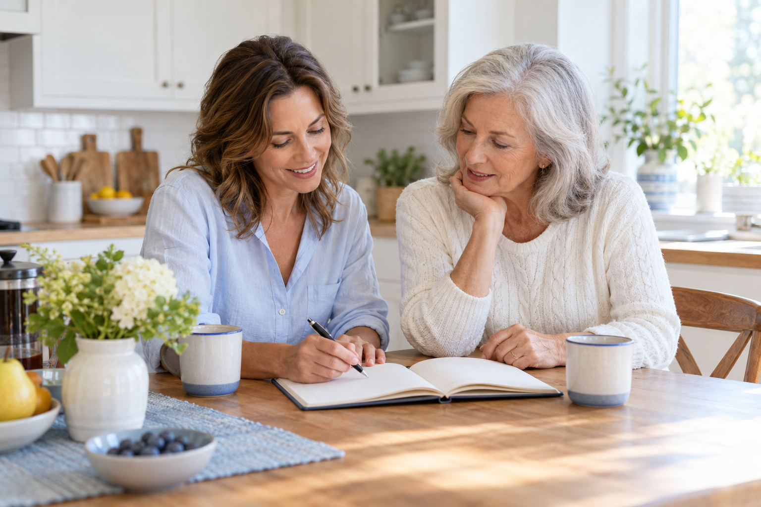 Illustrative scene of an adult woman and her mother sharing a quiet morning at home
